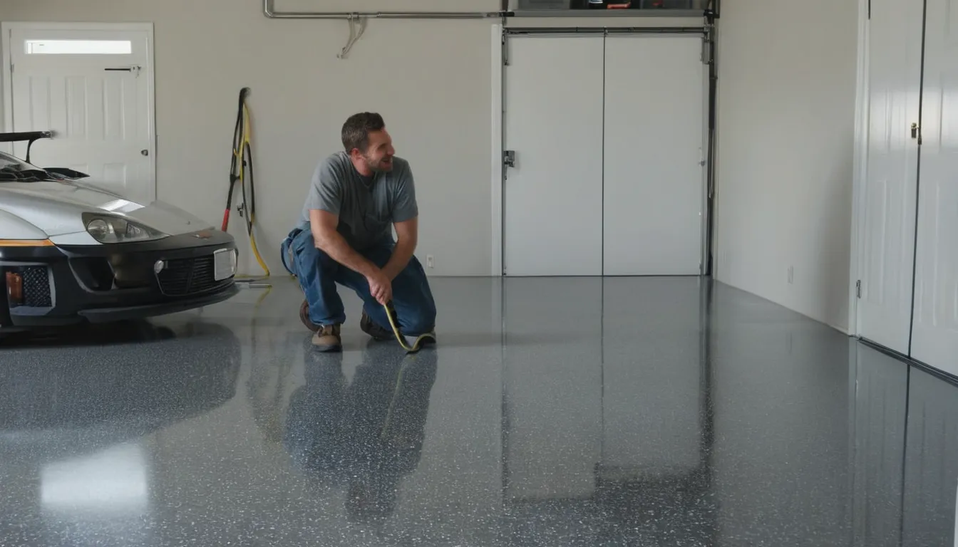 Freshly coated epoxy garage floor with flake finish in a home near Lake Forest