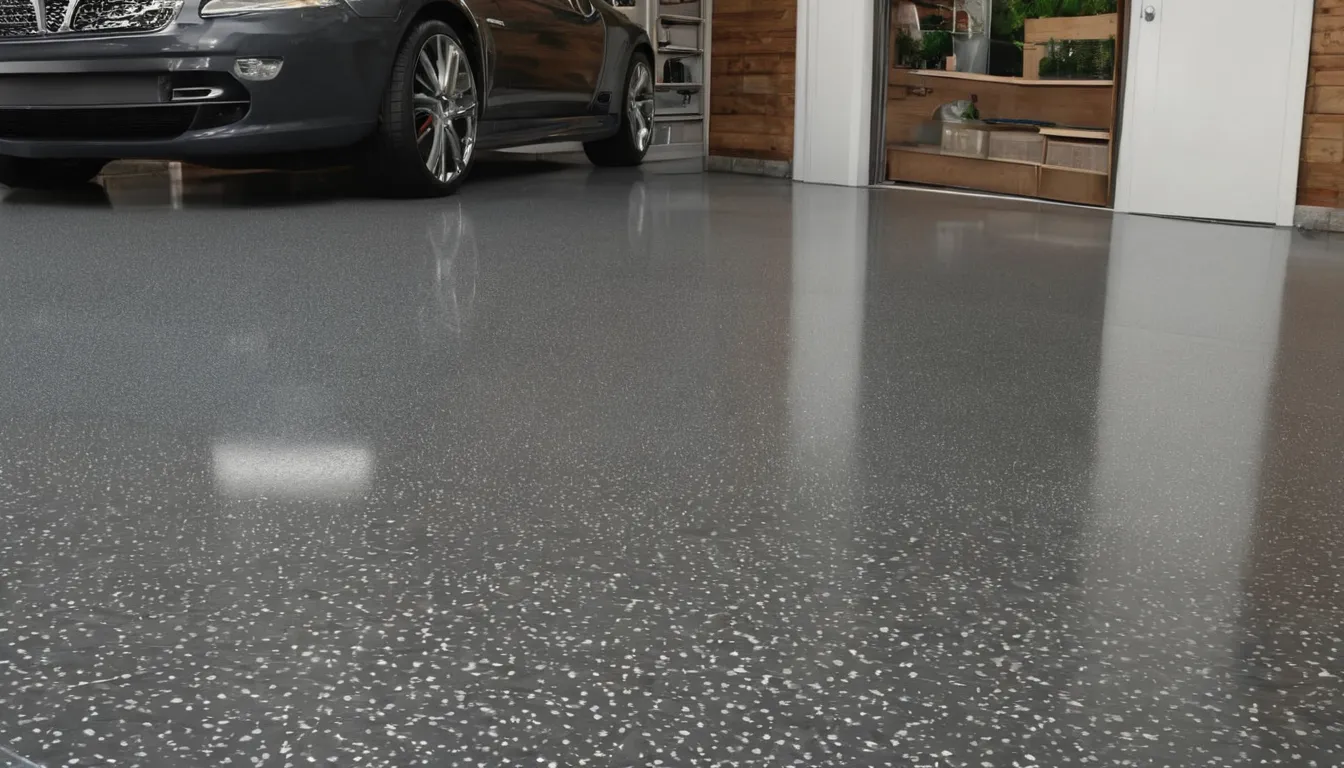 Freshly coated polyaspartic garage floor with gray and tan flakes in a home near Lake Forest